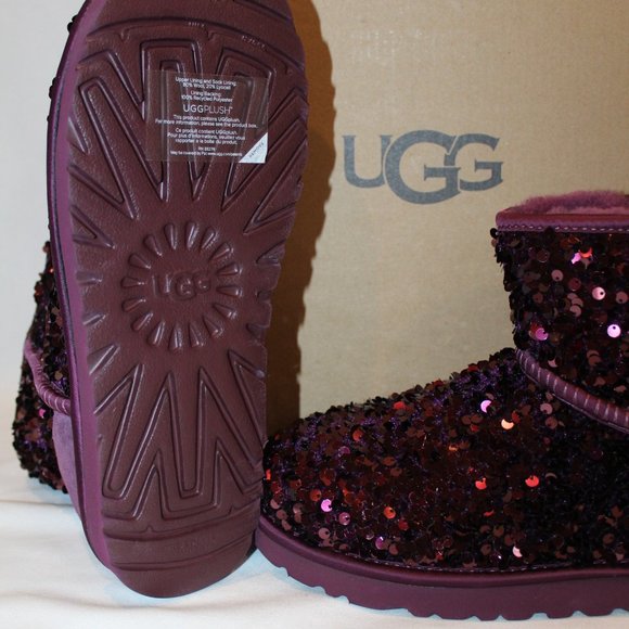 NIB UGG MINI WOMEN'S STELLAR SEQUIN SHEARLING LINED ANKLE BOOTS PORT BURGUNDY - Picture 7 of 8